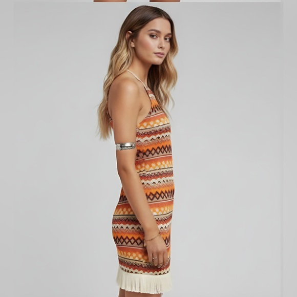 Boho Halter Chevron Print Fringe Hem  Dress - Picture 3 of 5